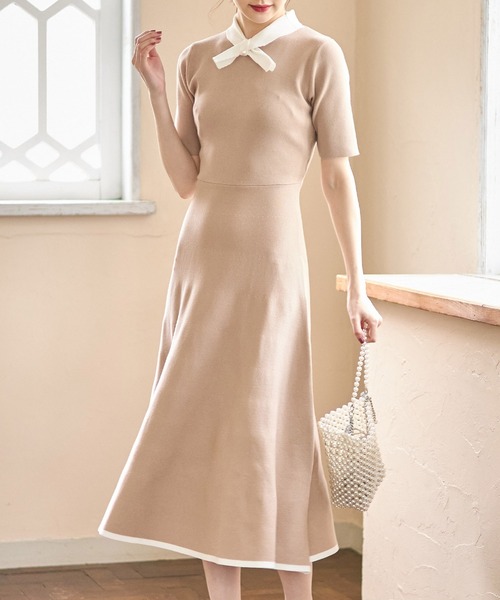 パール付きボウタイリボン配色ニットワンピース　ブラック tocco closet（トッコ クローゼット）の「【ZOZO限定】パール
