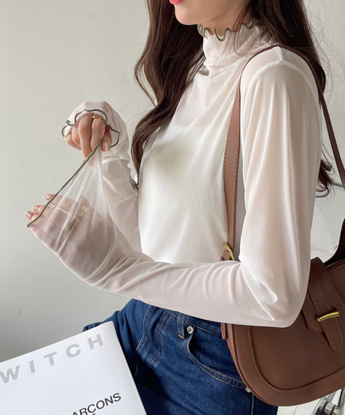 COCOMOMO（ココモモ）の「秋も活躍♪大人フェミニン シアーハイネック トップス（Tシャツ/カットソー・レディース・ピンク/イエロー/ベージュ/ブラウン/グリーン/ブラック/ホワイト/ライトブルー/チャコール/ダークグリーン/ブルー系その他/イエロー系その他/オレンジ系その他/ホワイト系その他/ブラック系その他/グレー系その他・FREE）」の2枚目の写真