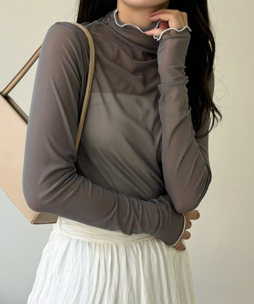 COCOMOMO（ココモモ）の「秋も活躍♪大人フェミニン シアーハイネック トップス（Tシャツ/カットソー・レディース・ピンク/イエロー/ベージュ/ブラウン/グリーン/ブラック/ホワイト/ライトブルー/チャコール/ダークグリーン/ブルー系その他/イエロー系その他/オレンジ系その他/ホワイト系その他/ブラック系その他/グレー系その他・FREE）」の5枚目の写真