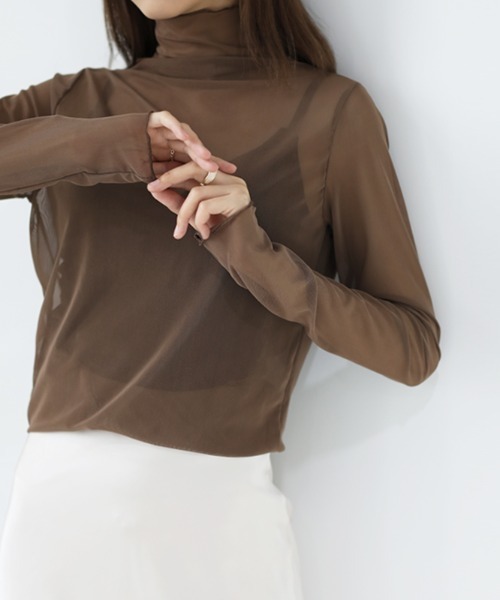 COCOMOMO（ココモモ）の「秋も活躍♪大人フェミニン シアーハイネック トップス（Tシャツ/カットソー・レディース・ピンク/イエロー/ベージュ/ブラウン/グリーン/ブラック/ホワイト/ライトブルー/チャコール/ダークグリーン/ブルー系その他/イエロー系その他/オレンジ系その他/ホワイト系その他/ブラック系その他/グレー系その他・FREE）」の7枚目の写真