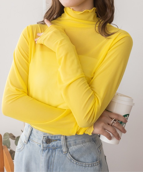 COCOMOMO（ココモモ）の「秋も活躍♪大人フェミニン シアーハイネック トップス（Tシャツ/カットソー・レディース・ピンク/イエロー/ベージュ/ブラウン/グリーン/ブラック/ホワイト/ライトブルー/チャコール/ダークグリーン/ブルー系その他/イエロー系その他/オレンジ系その他/ホワイト系その他/ブラック系その他/グレー系その他・FREE）」の13枚目の写真