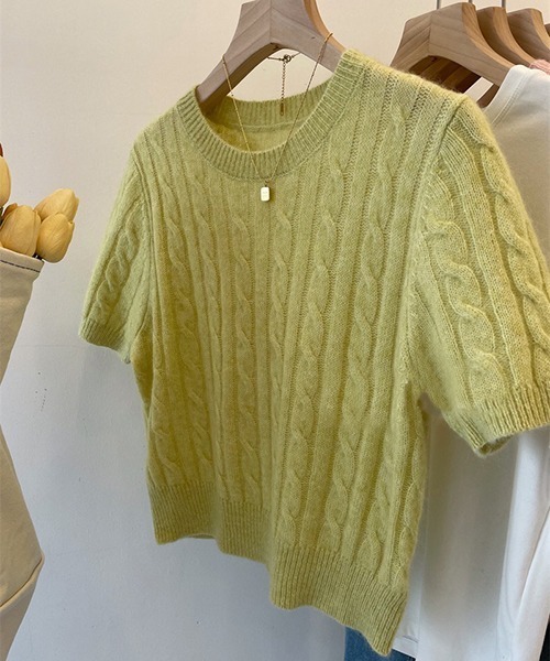Chick(チック)の「Cropped knit tops/ニットトップス(Tシャツ/カットソー・レディース・ブルー/ホワイト/ピンク/オリーブ・M)」の3枚目の写真
