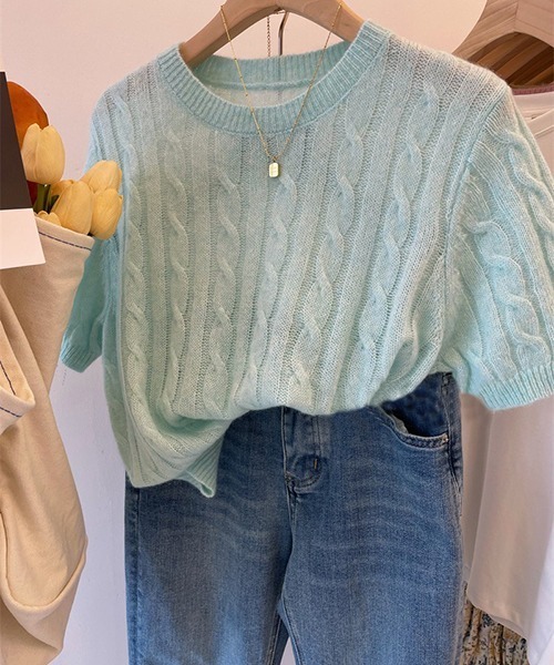 Chick(チック)の「Cropped knit tops/ニットトップス(Tシャツ/カットソー・レディース・ブルー/ホワイト/ピンク/オリーブ・M)」の4枚目の写真