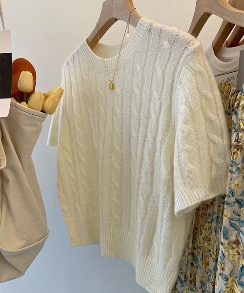 Chick(チック)の「Cropped knit tops/ニットトップス(Tシャツ/カットソー・レディース・ブルー/ホワイト/ピンク/オリーブ・M)」の5枚目の写真