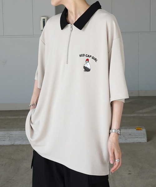 Red Cap Girl（レッドキャプガール）の「【RED CAP GIRL】ドレープとろみ ポンチ ワンポイント刺繍 襟配色ジップポロTee 【新色追加】（ポロシャツ・メンズ・ブルー/ベージュ/ホワイト/ブラック/グレー・M/L/XL）」の5枚目の写真