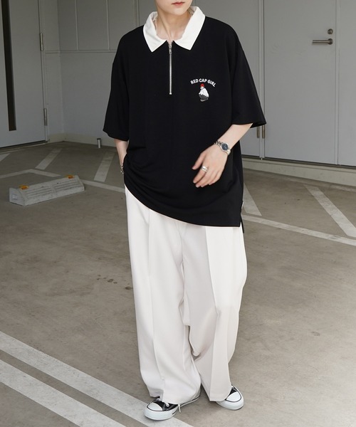 Red Cap Girl（レッドキャプガール）の「【RED CAP GIRL】ドレープとろみ ポンチ ワンポイント刺繍 襟配色ジップポロTee 【新色追加】（ポロシャツ・メンズ・ブルー/ベージュ/ホワイト/ブラック/グレー・M/L/XL）」の10枚目の写真