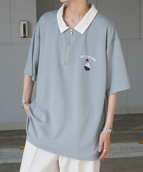 Red Cap Girl（レッドキャプガール）の「【RED CAP GIRL】ドレープとろみ ポンチ ワンポイント刺繍 襟配色ジップポロTee 【新色追加】（ポロシャツ・メンズ・ブルー/ベージュ/ホワイト/ブラック/グレー・M/L/XL）」の13枚目の写真