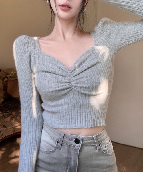 Jasmine Grandiflorum(ジャスミングランディフローラム)の「【Jasmine】リブ編みハートネックトップス (AW)(ニット/セーター・レディース・ピンク/ブラック/グレー/ホワイト・FREE)」の10枚目の写真