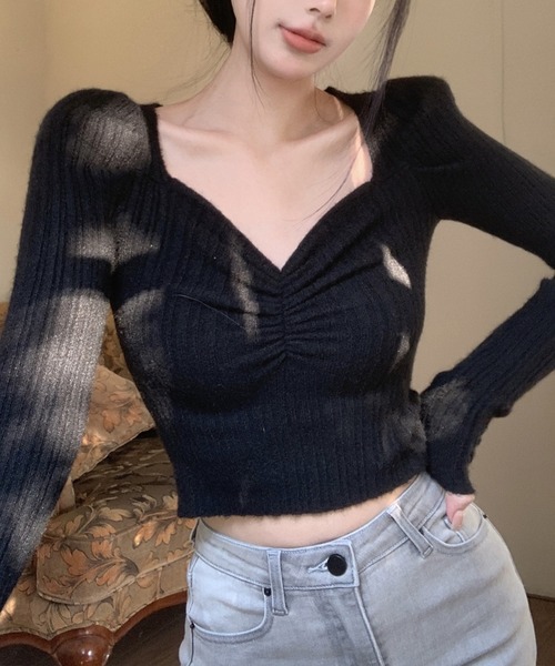 Jasmine Grandiflorum(ジャスミングランディフローラム)の「【Jasmine】リブ編みハートネックトップス (AW)(ニット/セーター・レディース・ピンク/ブラック/グレー/ホワイト・FREE)」の8枚目の写真