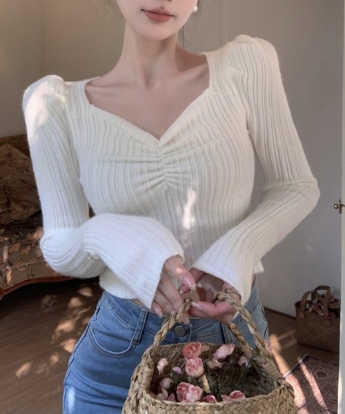 Jasmine Grandiflorum(ジャスミングランディフローラム)の「【Jasmine】リブ編みハートネックトップス (AW)(ニット/セーター・レディース・ピンク/ブラック/グレー/ホワイト・FREE)」の21枚目の写真