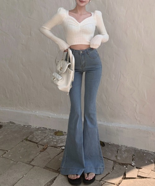 Jasmine Grandiflorum(ジャスミングランディフローラム)の「【Jasmine】リブ編みハートネックトップス (AW)(ニット/セーター・レディース・ピンク/ブラック/グレー/ホワイト・FREE)」の6枚目の写真