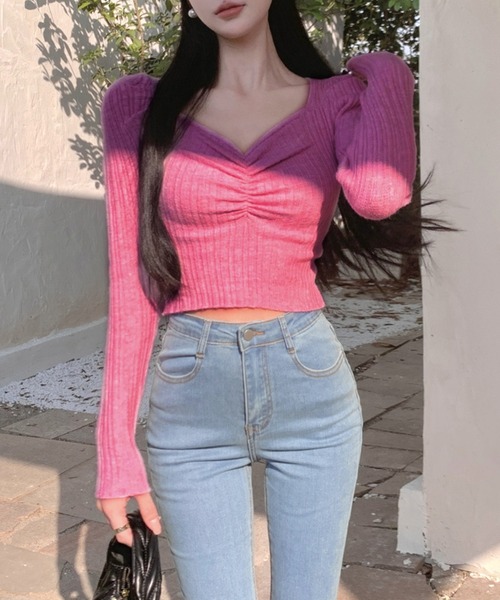 Jasmine Grandiflorum(ジャスミングランディフローラム)の「【Jasmine】リブ編みハートネックトップス (AW)(ニット/セーター・レディース・ピンク/ブラック/グレー/ホワイト・FREE)」の14枚目の写真