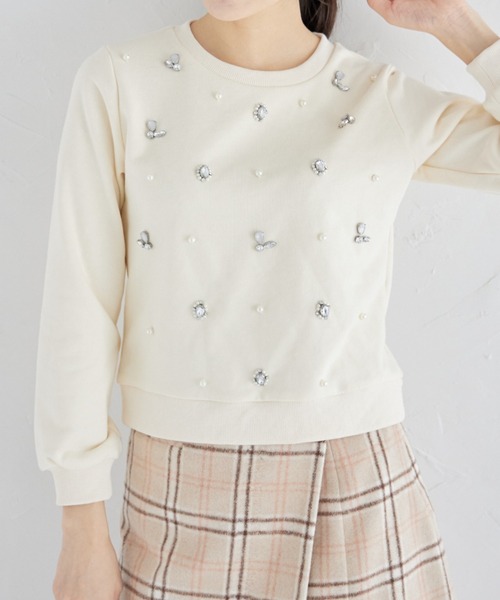 tocco closet(トッコ クローゼット)の「【ZOZO限定カラー】ビジュー付き裏毛プルオーバー(スウェット・レディース・チャコールグレー/グレー/クリーム・M)」の3枚目の写真