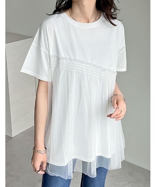 Re:EDIT(リエディ)の「チュールドッキングビスチェライクベアデザインTシャツ(Tシャツ/カットソー・レディース・ブラック/ホワイト×ホワイト/ホワイト×ブラック・MEDIUM/LARGE)」の1枚目の写真