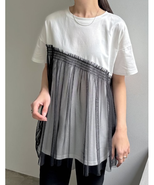 Re:EDIT(リエディ)の「チュールドッキングビスチェライクベアデザインTシャツ(Tシャツ/カットソー・レディース・ブラック/ホワイト×ホワイト/ホワイト×ブラック・MEDIUM/LARGE)」の2枚目の写真