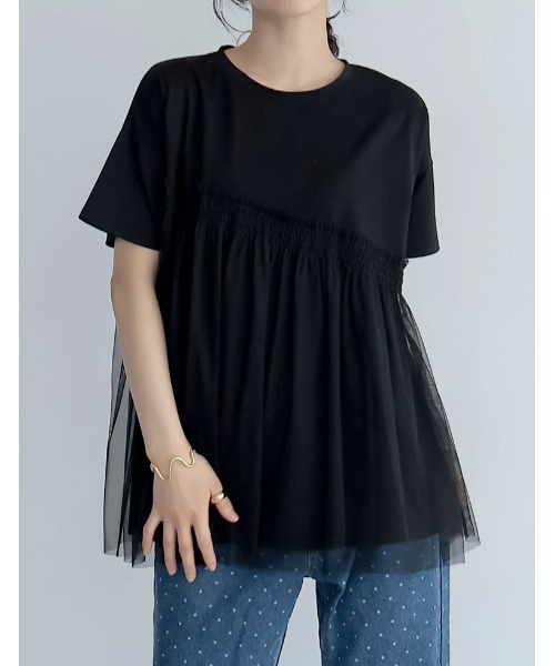 Re:EDIT(リエディ)の「チュールドッキングビスチェライクベアデザインTシャツ(Tシャツ/カットソー・レディース・ブラック/ホワイト×ホワイト/ホワイト×ブラック・MEDIUM/LARGE)」の3枚目の写真