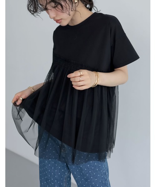 Re:EDIT(リエディ)の「チュールドッキングビスチェライクベアデザインTシャツ(Tシャツ/カットソー・レディース・ブラック/ホワイト×ホワイト/ホワイト×ブラック・MEDIUM/LARGE)」の21枚目の写真