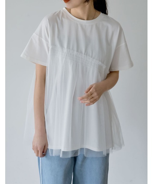 Re:EDIT(リエディ)の「チュールドッキングビスチェライクベアデザインTシャツ(Tシャツ/カットソー・レディース・ブラック/ホワイト×ホワイト/ホワイト×ブラック・MEDIUM/LARGE)」の9枚目の写真