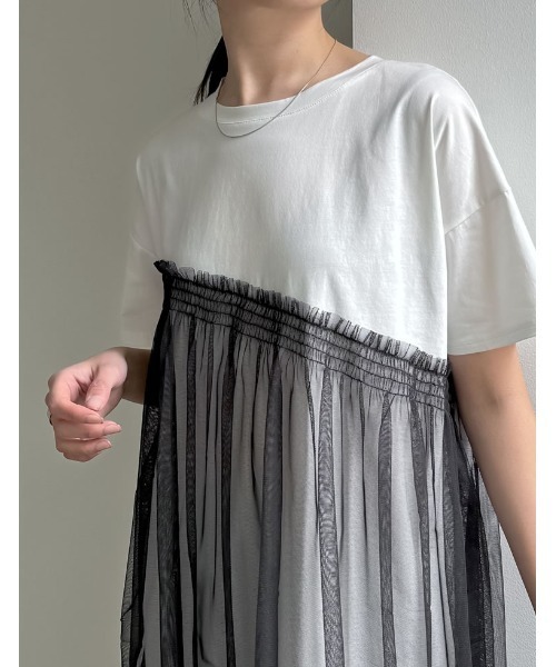 Re:EDIT(リエディ)の「チュールドッキングビスチェライクベアデザインTシャツ(Tシャツ/カットソー・レディース・ブラック/ホワイト×ホワイト/ホワイト×ブラック・MEDIUM/LARGE)」の14枚目の写真