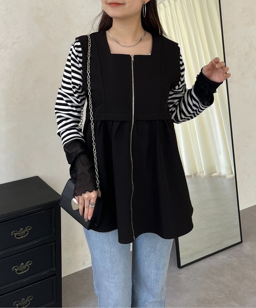 prose verse（プロズヴェール）の「フロントジップスクエアネックペプラムジレ（ベスト・レディース・アイボリー/ブラック・ﾌﾘ-）」の20枚目の写真