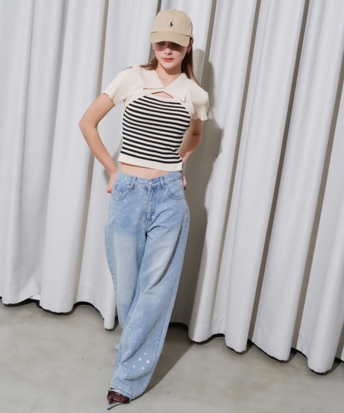 MOCOA'S(モコアズ)の「襟付きボーダークロップドトップス(Tシャツ/カットソー・レディース・ナチュラル/ブラック・FREE)」の9枚目の写真