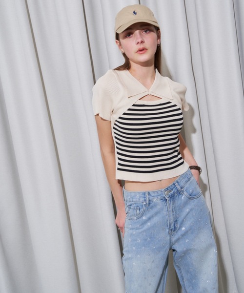 MOCOA'S(モコアズ)の「襟付きボーダークロップドトップス(Tシャツ/カットソー・レディース・ナチュラル/ブラック・FREE)」の7枚目の写真