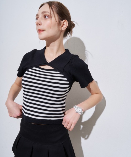 MOCOA'S(モコアズ)の「襟付きボーダークロップドトップス(Tシャツ/カットソー・レディース・ナチュラル/ブラック・FREE)」の17枚目の写真