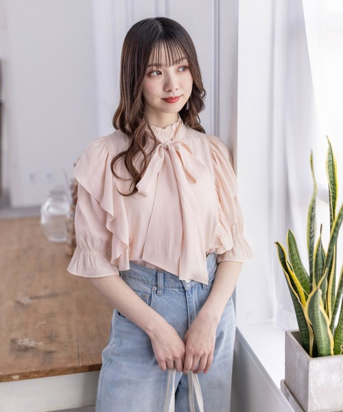 clear（クリア）の「ボウタイフリル半袖ブラウス≪2024SS≫（シャツ/ブラウス・レディース・オフホワイト/ピンク/ミント・F）」の14枚目の写真