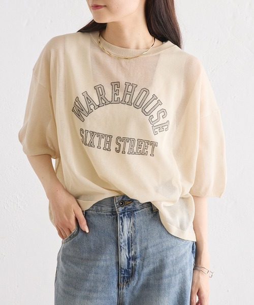 PUAL CE CIN（ピュアルセシン）の「ロゴプリントハーフスリーブシアーニット（ニット/セーター・レディース・グレー/ベージュ/アイボリー・FREE）」の5枚目の写真