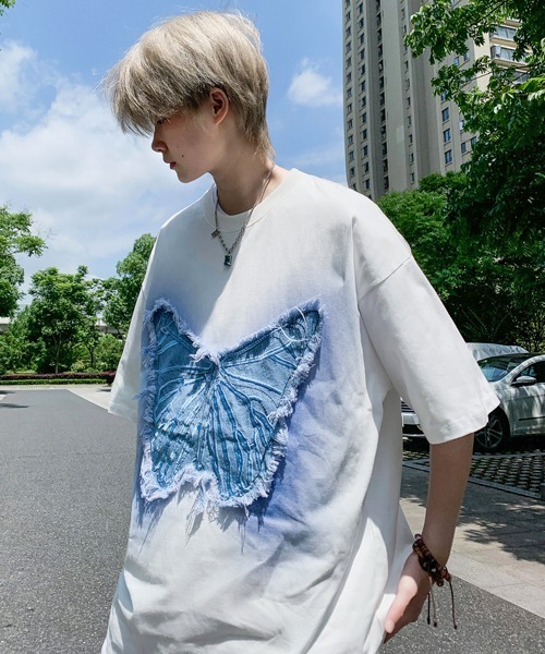【セール】【FVLMEN】butterfly denim patch halfsleeve tee/バタフライ デニム パッチ ハーフスリーブ T（Tシャツ/カットソー）｜FVLMEN（フルメン）