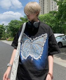 【FVLMEN】butterfly denim patch halfsleeve tee/バタフライ デニム パッチ ハーフスリーブ T