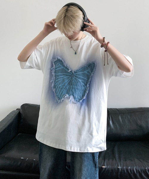 FVLMEN(フルメン)の「【FVLMEN】butterfly denim patch halfsleeve tee/バタフライ デニム パッチ ハーフスリーブ T(Tシャツ/カットソー・メンズ・ホワイト/ブラック・MEDIUM/LARGE)」の3枚目の写真