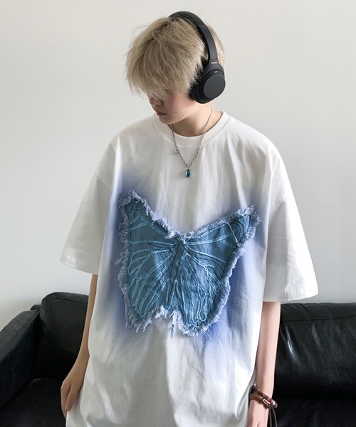 FVLMEN(フルメン)の「【FVLMEN】butterfly denim patch halfsleeve tee/バタフライ デニム パッチ ハーフスリーブ T(Tシャツ/カットソー・メンズ・ホワイト/ブラック・MEDIUM/LARGE)」の4枚目の写真
