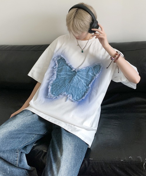 FVLMEN(フルメン)の「【FVLMEN】butterfly denim patch halfsleeve tee/バタフライ デニム パッチ ハーフスリーブ T(Tシャツ/カットソー・メンズ・ホワイト/ブラック・MEDIUM/LARGE)」の5枚目の写真