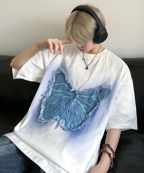 FVLMEN(フルメン)の「【FVLMEN】butterfly denim patch halfsleeve tee/バタフライ デニム パッチ ハーフスリーブ T(Tシャツ/カットソー・メンズ・ホワイト/ブラック・MEDIUM/LARGE)」の6枚目の写真