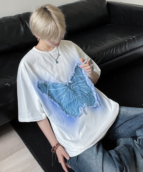 FVLMEN(フルメン)の「【FVLMEN】butterfly denim patch halfsleeve tee/バタフライ デニム パッチ ハーフスリーブ T(Tシャツ/カットソー・メンズ・ホワイト/ブラック・MEDIUM/LARGE)」の7枚目の写真