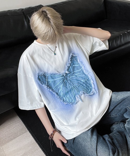 FVLMEN(フルメン)の「【FVLMEN】butterfly denim patch halfsleeve tee/バタフライ デニム パッチ ハーフスリーブ T(Tシャツ/カットソー・メンズ・ホワイト/ブラック・MEDIUM/LARGE)」の8枚目の写真