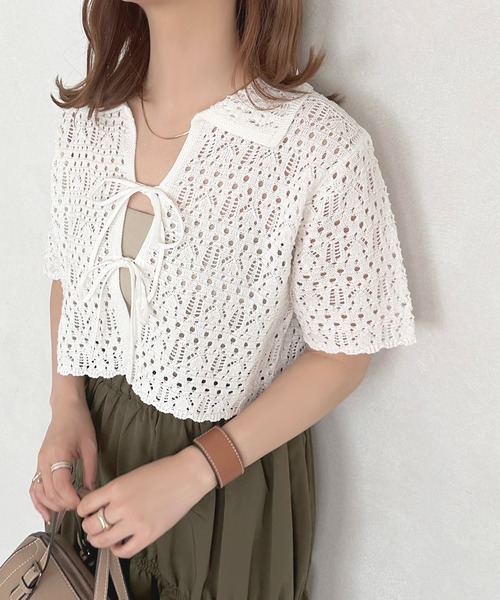 apres jour(アプレジュール)の「かぎ針編みリボントップス【ZOZOTOWN限定アイテム】(その他トップス・レディース・オフホワイト/ブラック・フリー/X-LARGE)」の2枚目の写真