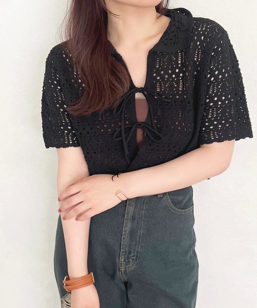 apres jour(アプレジュール)の「かぎ針編みリボントップス【ZOZOTOWN限定アイテム】(その他トップス・レディース・オフホワイト/ブラック・フリー/X-LARGE)」の6枚目の写真