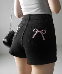 【 2color 】バックリボンストレッチデニムショートパンツ / back ribbon stretch denim short pants