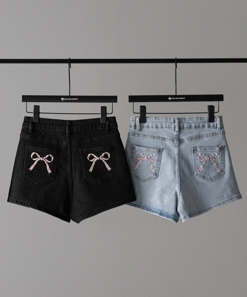 2color 】バックリボンストレッチデニムショートパンツ ／ back