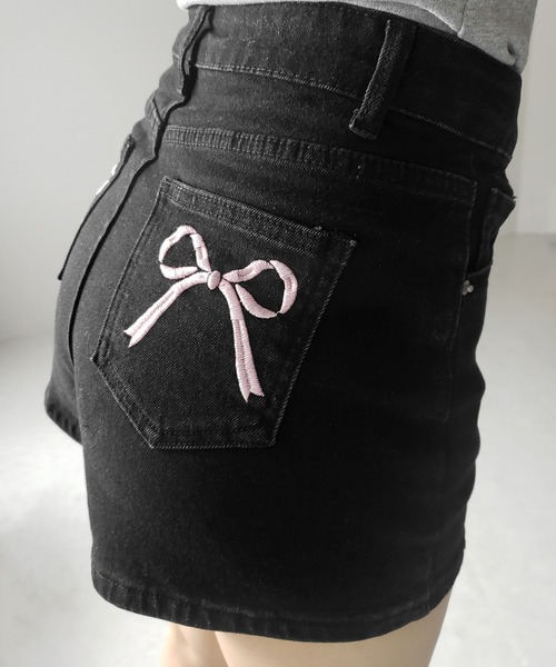 2color 】バックリボンストレッチデニムショートパンツ ／ back