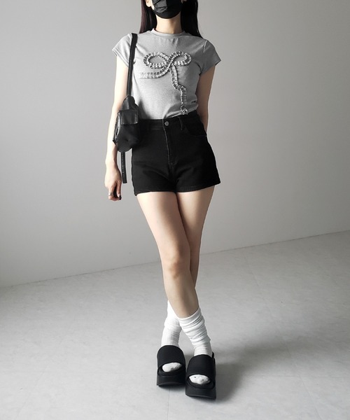 2color 】バックリボンストレッチデニムショートパンツ ／ back