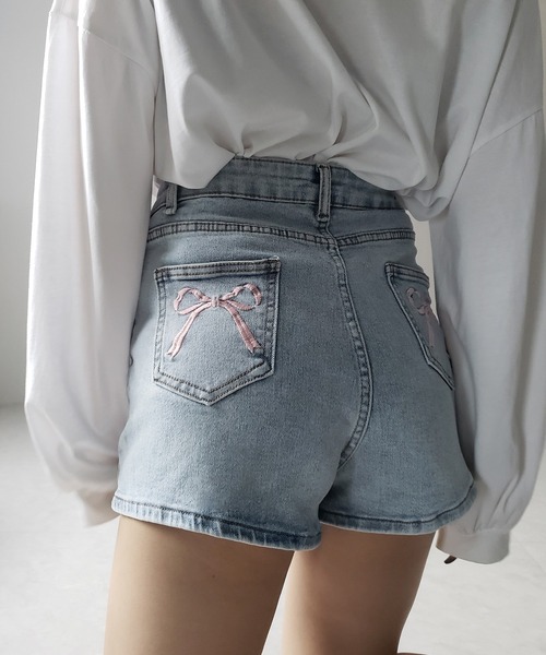 2color 】バックリボンストレッチデニムショートパンツ ／ back