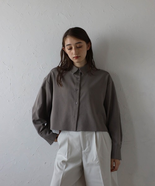 MINERTE(ミネルテ)の「【MINERTE】cropped stripe shirt / クロップドストライプシャツ(シャツ/ブラウス・レディース・ライトブラック/グレイッシュベージュ・FREE)」の2枚目の写真