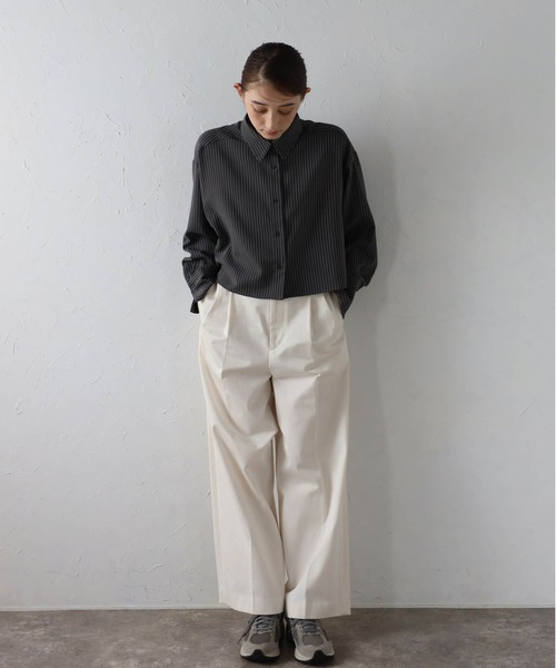 MINERTE(ミネルテ)の「【MINERTE】cropped stripe shirt / クロップドストライプシャツ(シャツ/ブラウス・レディース・ライトブラック/グレイッシュベージュ・FREE)」の5枚目の写真
