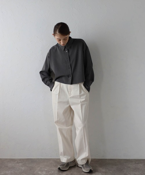 MINERTE(ミネルテ)の「【MINERTE】cropped stripe shirt / クロップドストライプシャツ(シャツ/ブラウス・レディース・ライトブラック/グレイッシュベージュ・FREE)」の6枚目の写真