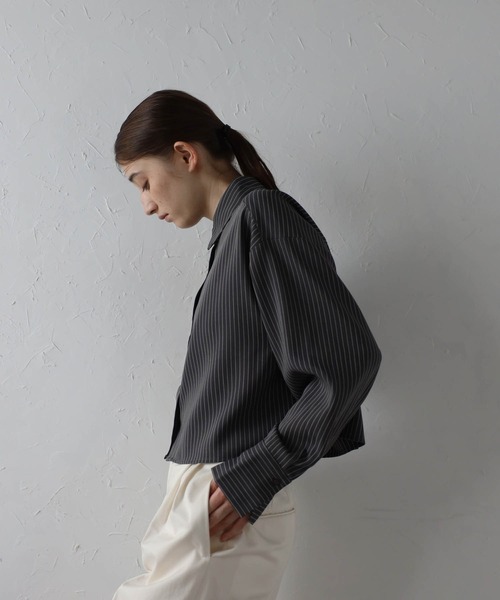 MINERTE(ミネルテ)の「【MINERTE】cropped stripe shirt / クロップドストライプシャツ(シャツ/ブラウス・レディース・ライトブラック/グレイッシュベージュ・FREE)」の10枚目の写真