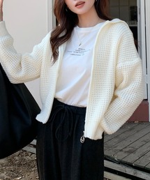 袖ボリューム ワッフルジップカーディガン