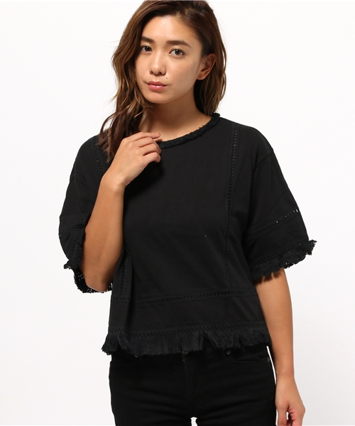 OUTLET(アウトレット)の「【who's who Chico】はしごレース切替えTシャツ(Tシャツ/カットソー・レディース・ブラック/カーキ/ベージュ/ホワイト・FREE)」の1枚目の写真